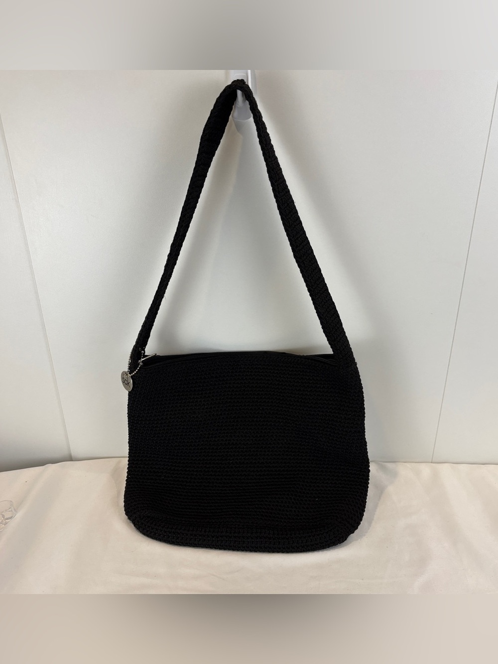 The Sak Black Woven Crochet Knit Shoulder Bag EUC Medium Hobo Purse Boho Hippie